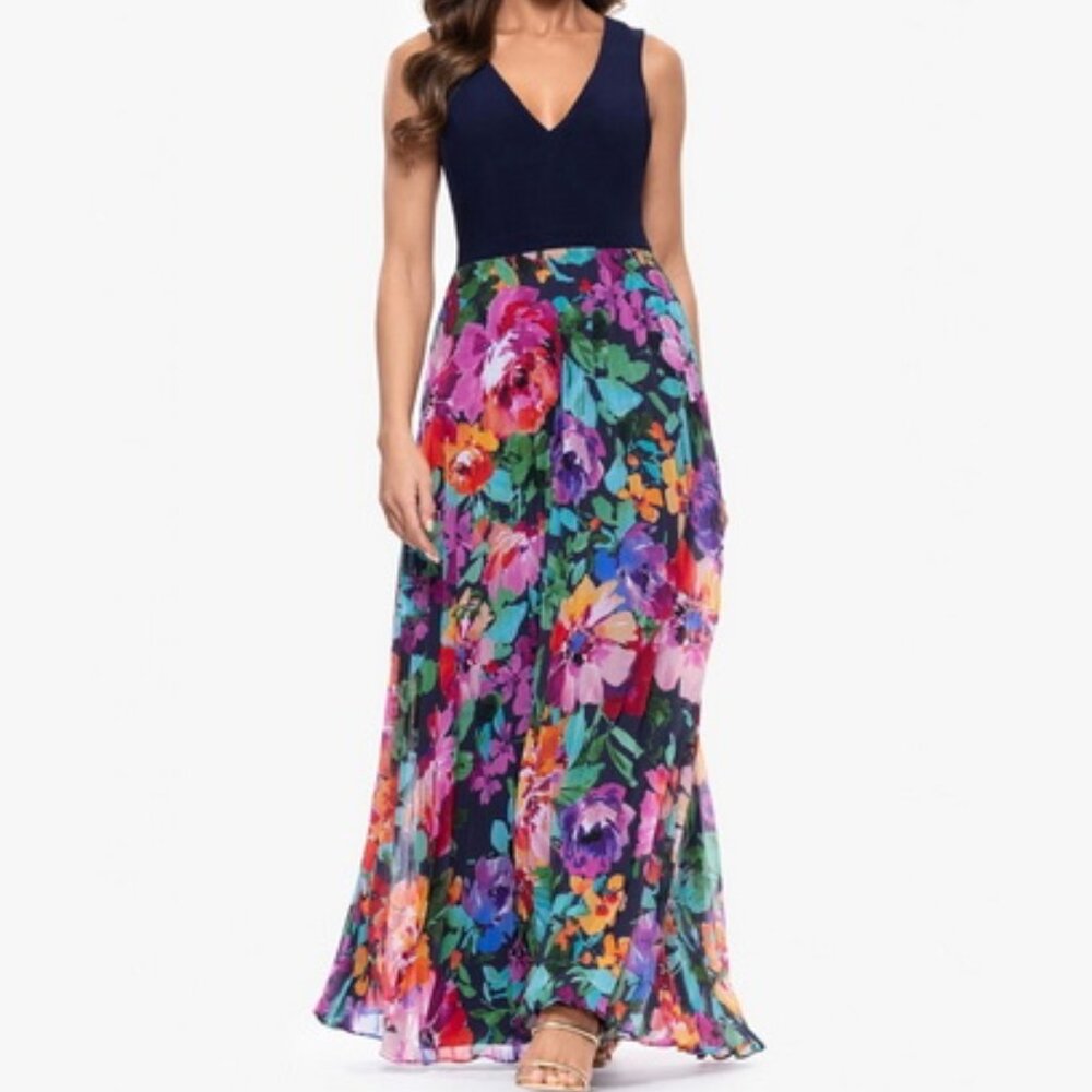 Xscape Navy Blue V-Neck Floral Mixed Media Gown